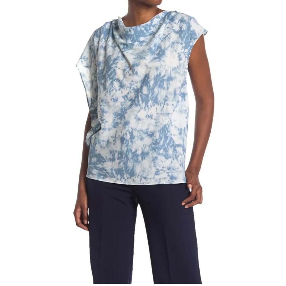 HALSTON Asymmetric Flutter Sleeve Blouse